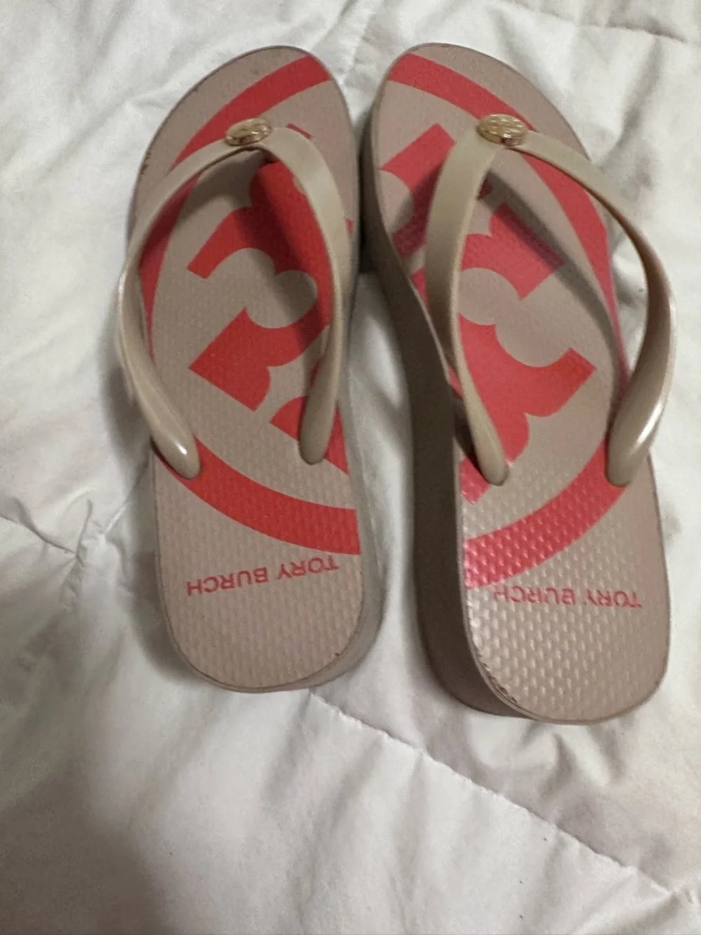 Tory Burch Beige and Coral Logo Flip Flops - Picture 5 of 5